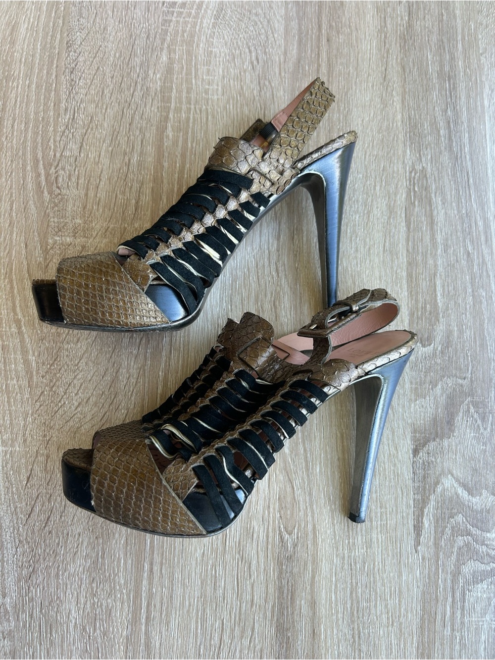 LOEWE Metallic Bronze & Black Woven Leather Slingback Sandals Y2K - Picture 4 of 8